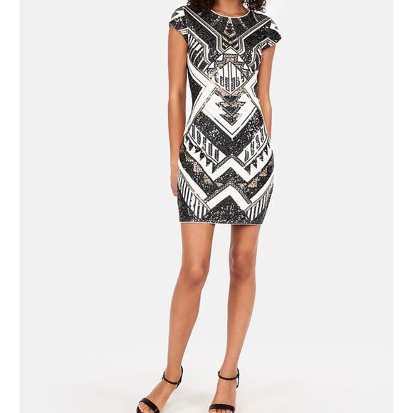 Express Bodycon Dress Womens XS Cream Brass Sequin Cap Sleeve Party Cocktail - Picture 2 of 10